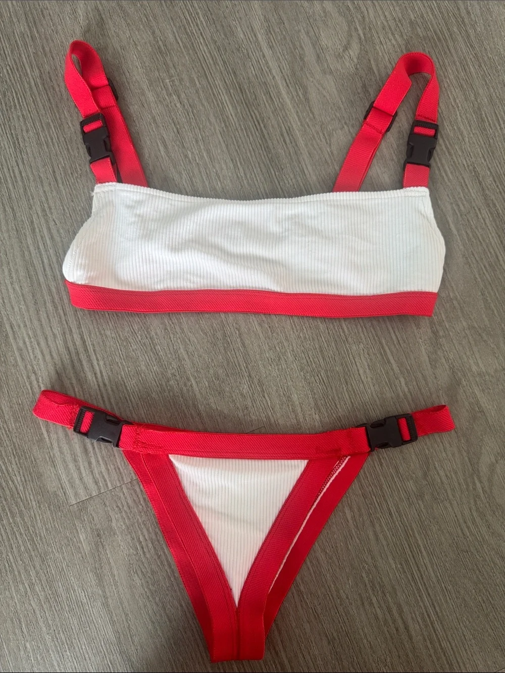 Frankie's Buckle Up Bikini White and Red Ribbed Two-Piece Bikini